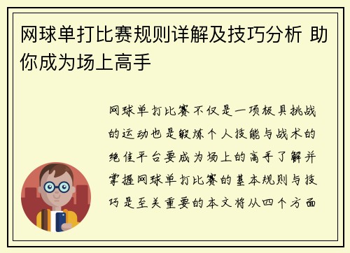 网球单打比赛规则详解及技巧分析 助你成为场上高手