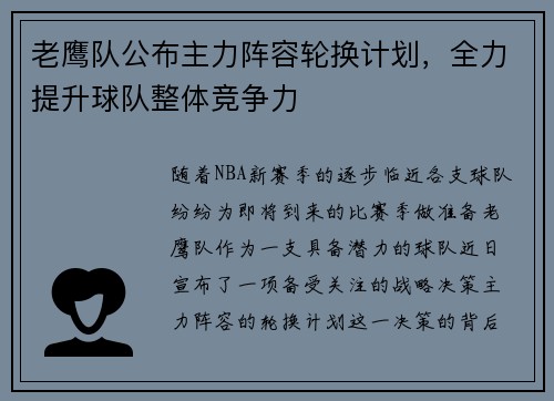 老鹰队公布主力阵容轮换计划，全力提升球队整体竞争力